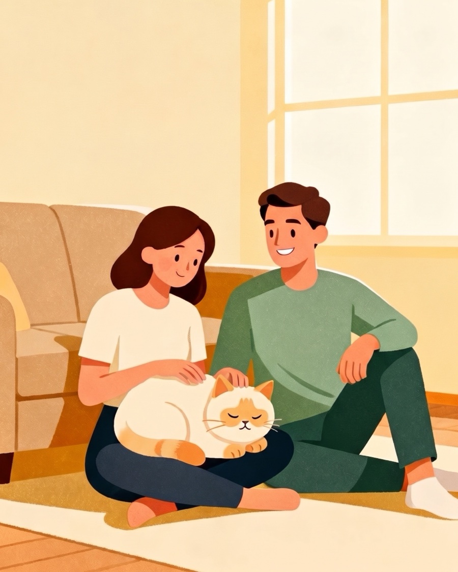 家族と保護猫の温かい暮らしのイラスト。女性の膝の上で猫がくつろぎ、隣で男性が微笑んで見守っている