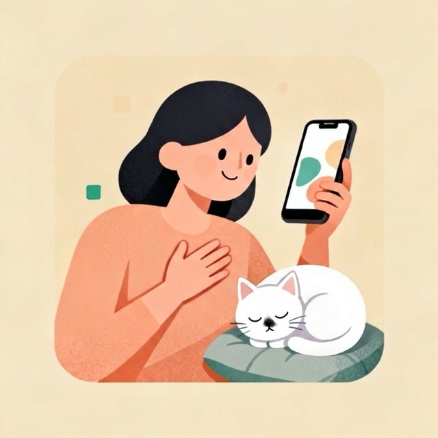 スマホを見て安心する人と、そばで眠る猫のイラスト