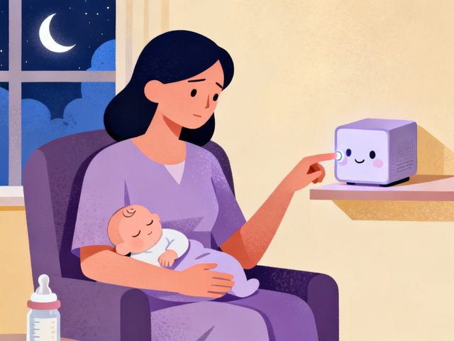 夜、赤ちゃんを抱っこしながらキューブ型デバイスのボタンを押す母親のイラスト